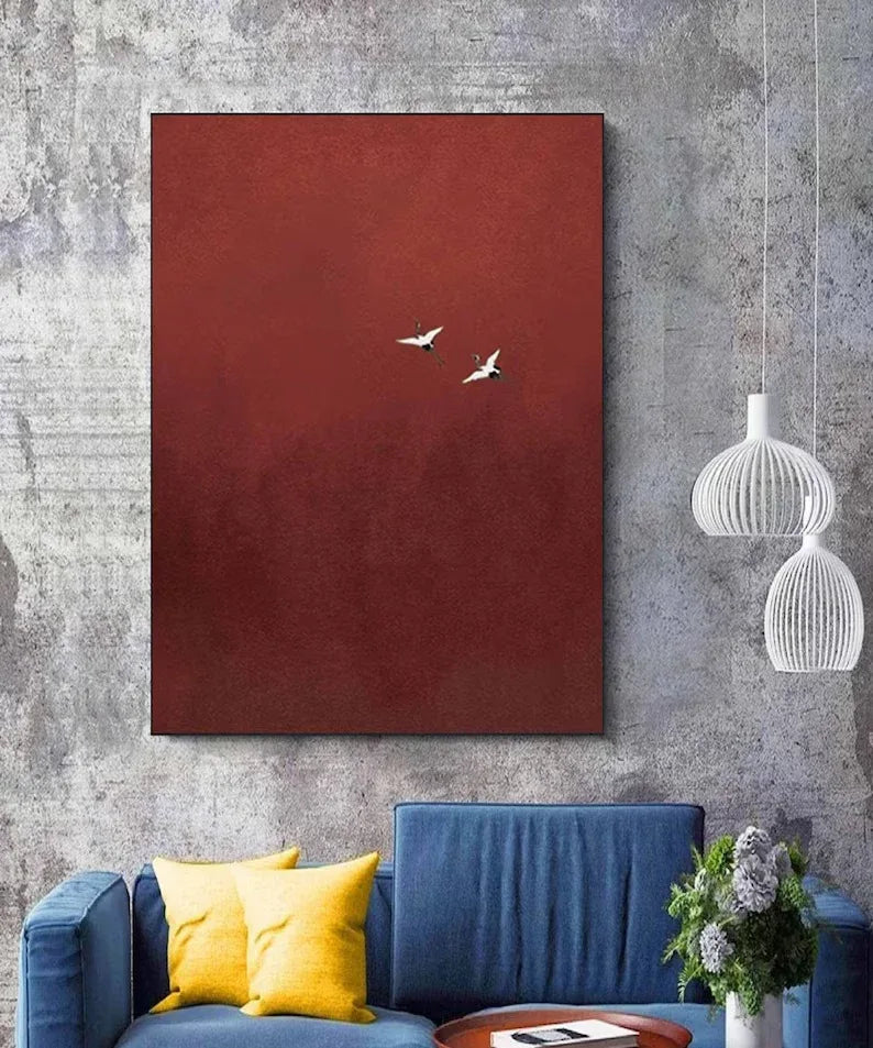 Minimalist Red Crane Painting – Asian-Inspired Modern Wall Art