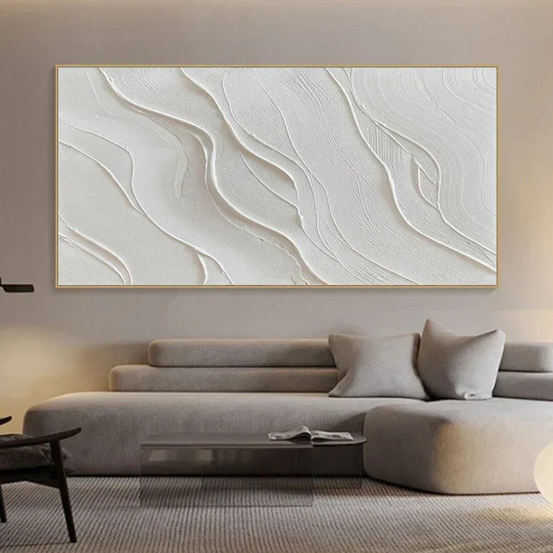 Serene Waves Textured Canvas-Hand Drawn Three-Dimensional White Wave Wall Art for Minimalist Home Decoration
