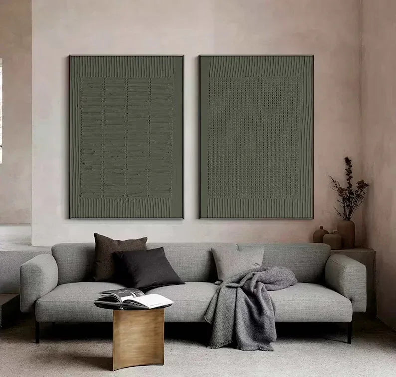 Olive Abstract Textures-Minimalist Olive Green Textured Wall Art Set OF 2