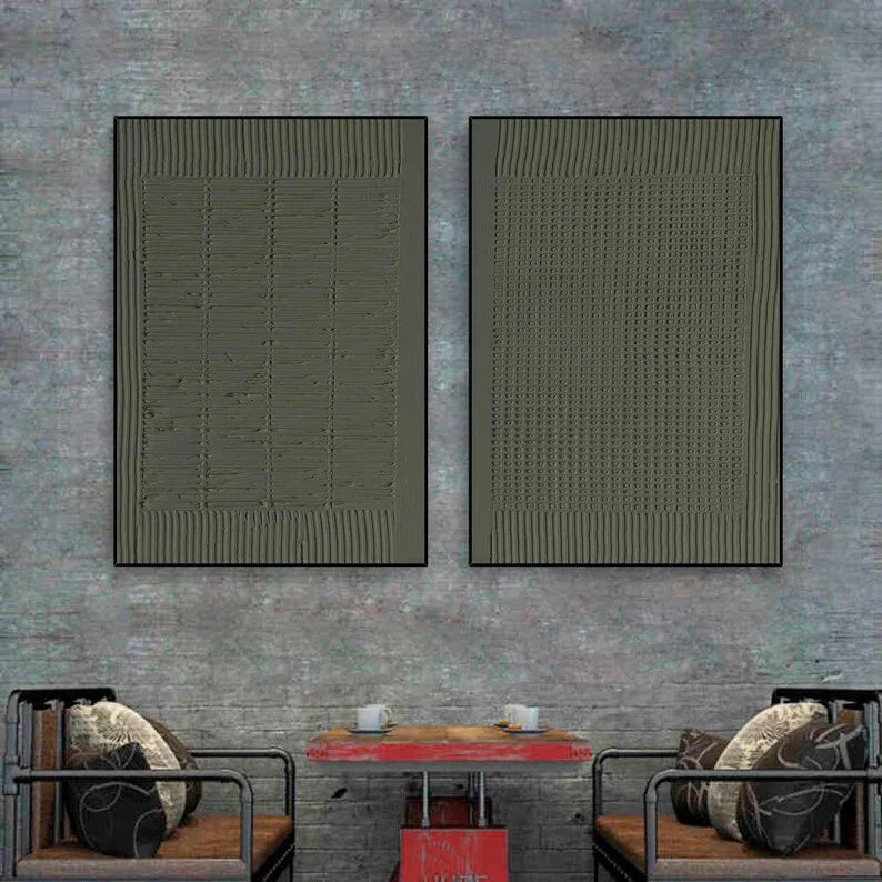Olive Abstract Textures-Minimalist Olive Green Textured Wall Art Set OF 2