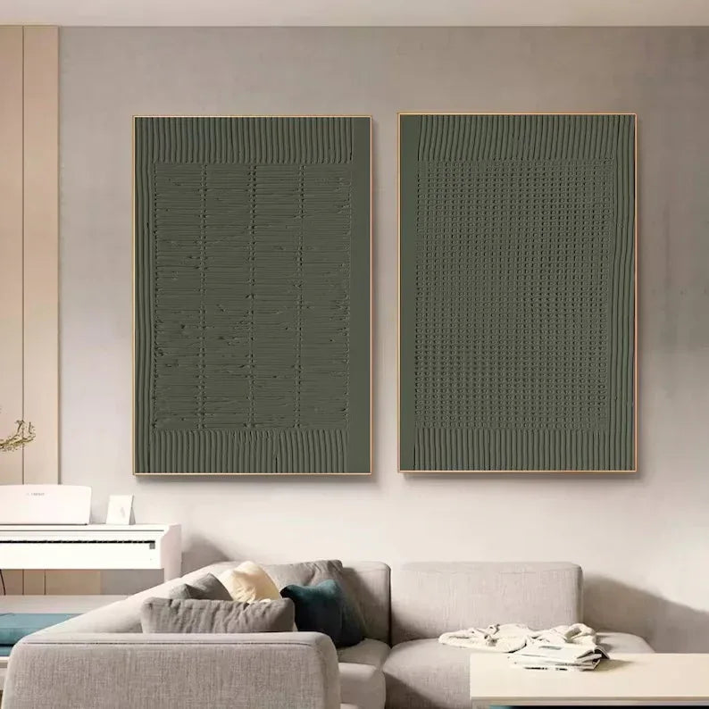 Olive Abstract Textures-Minimalist Olive Green Textured Wall Art Set OF 2