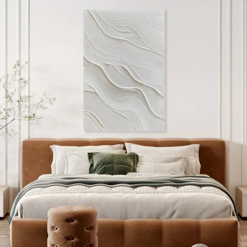 Serene Waves Textured Canvas-Hand Drawn Three-Dimensional White Wave Wall Art for Minimalist Home Decoration