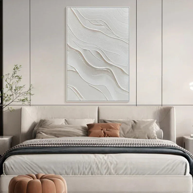 Serene Waves Textured Canvas-Hand Drawn Three-Dimensional White Wave Wall Art for Minimalist Home Decoration