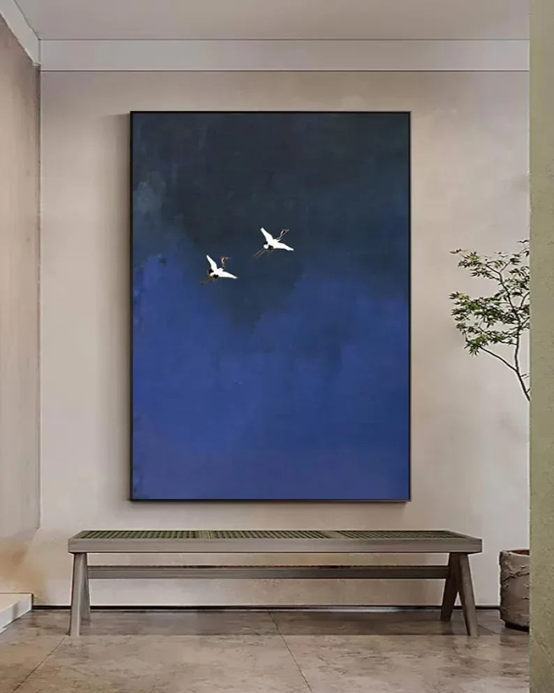Minimalist Blue Crane Oil Painting – Tranquil Asian-Inspired Wall Art