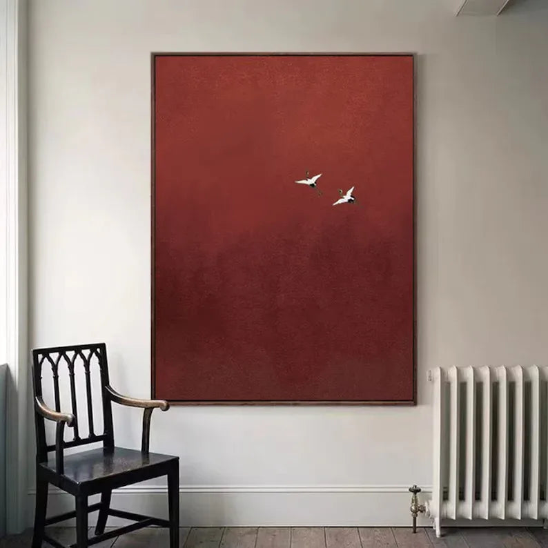 Minimalist Red Crane Painting – Asian-Inspired Modern Wall Art