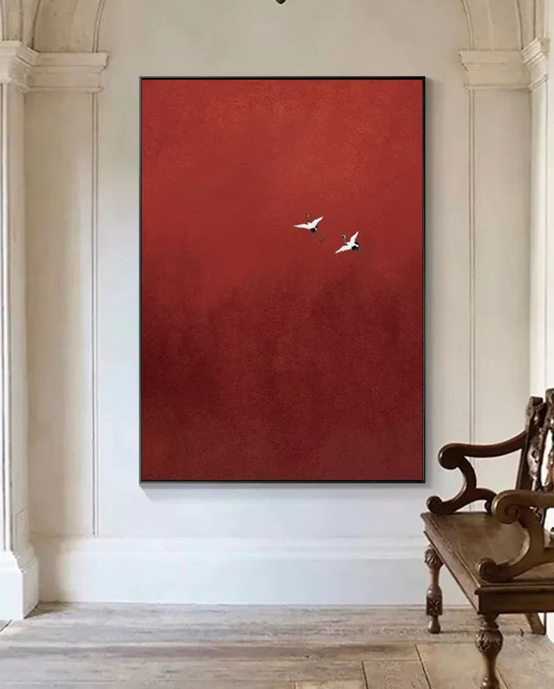 Minimalist Red Crane Painting – Asian-Inspired Modern Wall Art
