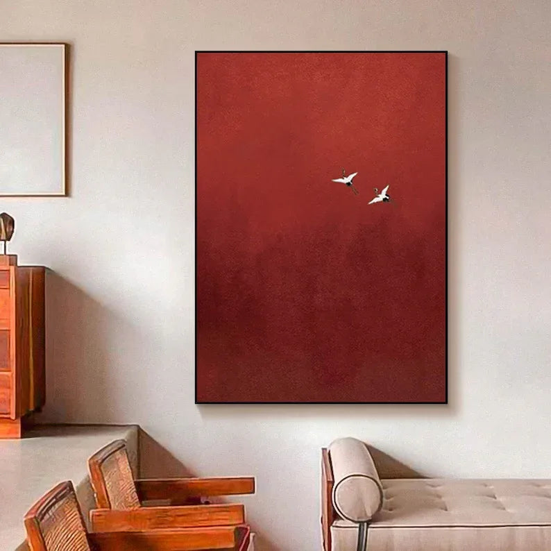 Minimalist Red Crane Painting – Asian-Inspired Modern Wall Art