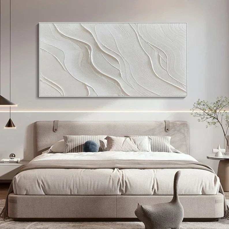 Serene Waves Textured Canvas-Hand Drawn Three-Dimensional White Wave Wall Art for Minimalist Home Decoration