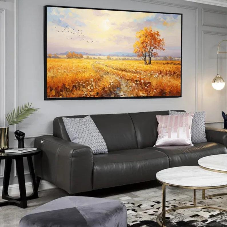 Golden Autumn Whisper-Hand-Painted Autumn Landscape Texture Oil Painting Wall Art