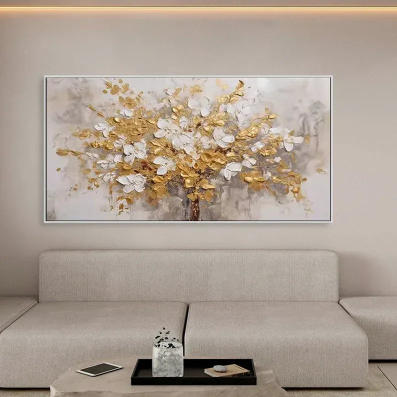 Golden Symphony Tree Painting-Dimensional Gold and White Floral Texture Wall Art#FL10018