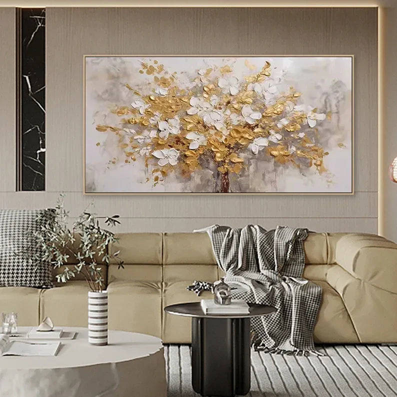 Golden Symphony Tree Painting-Dimensional Gold and White Floral Texture Wall Art#FL10018