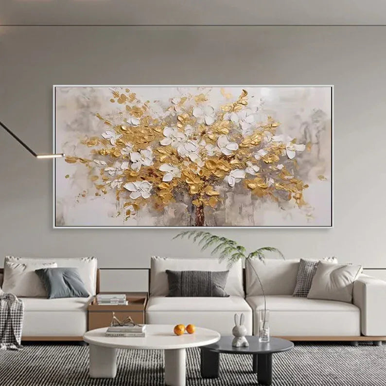 Golden Symphony Tree Painting-Dimensional Gold and White Floral Texture Wall Art#FL10018