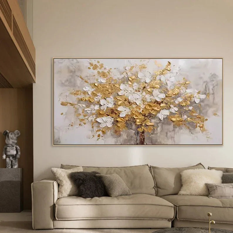 Golden Symphony Tree Painting-Dimensional Gold and White Floral Texture Wall Art#FL10018