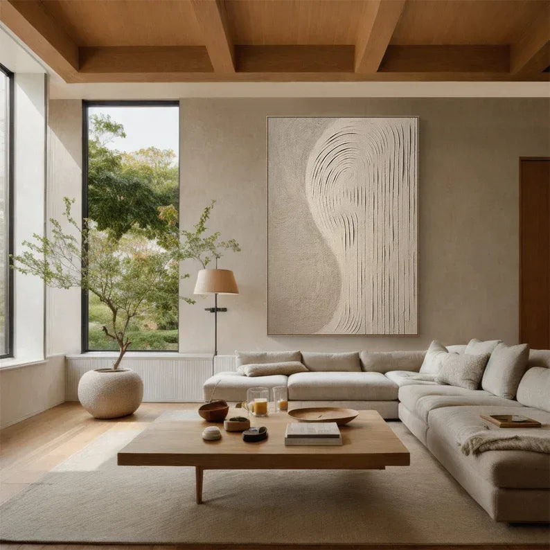 Curved Lines Neutral Canvas-Wabi Sabi Minimalist Beige Flowing Abstract Wall Art