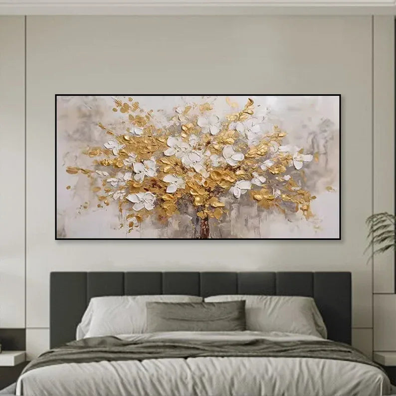 Golden Symphony Tree Painting-Dimensional Gold and White Floral Texture Wall Art#FL10018
