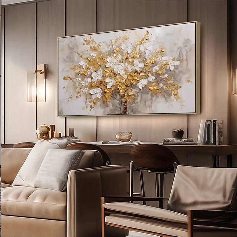 Golden Symphony Tree Painting-Dimensional Gold and White Floral Texture Wall Art#FL10018