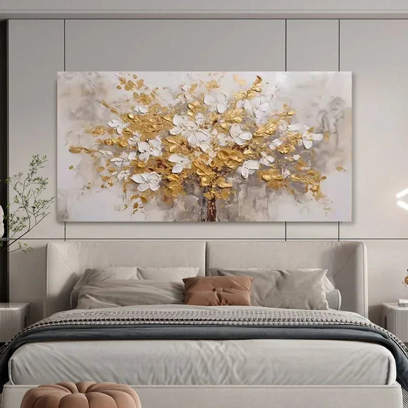 Golden Symphony Tree Painting-Dimensional Gold and White Floral Texture Wall Art#FL10018