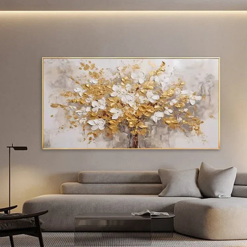 Golden Symphony Tree Painting-Dimensional Gold and White Floral Texture Wall Art#FL10018