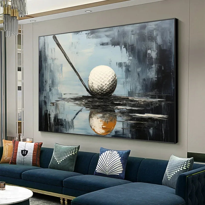 Golden Moment Golf Art Canvas-Abstract Texture Oil Painting Wall Art With Golf Theme