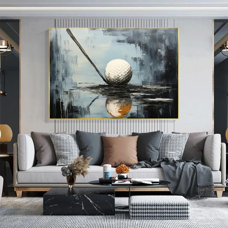 Golden Moment Golf Art Canvas-Abstract Texture Oil Painting Wall Art With Golf Theme