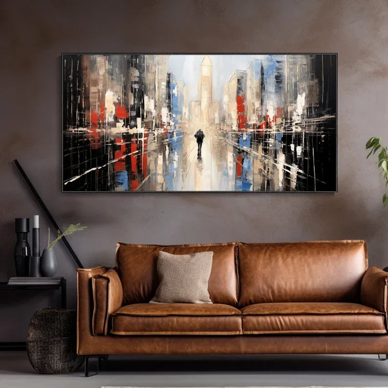 Modern Abstract Cityscape Oil Painting – Vibrant Urban Wall Art Decor