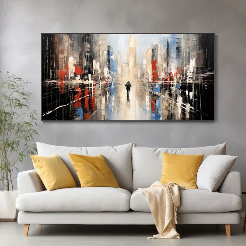 Modern Abstract Cityscape Oil Painting – Vibrant Urban Wall Art Decor