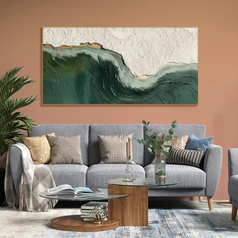 Bold Green Wave Art-3D Ocean Wave Green Texture Oil Painting