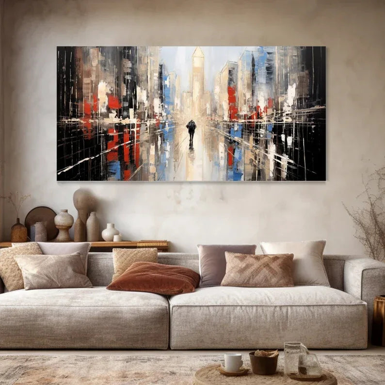 Modern Abstract Cityscape Oil Painting – Vibrant Urban Wall Art Decor
