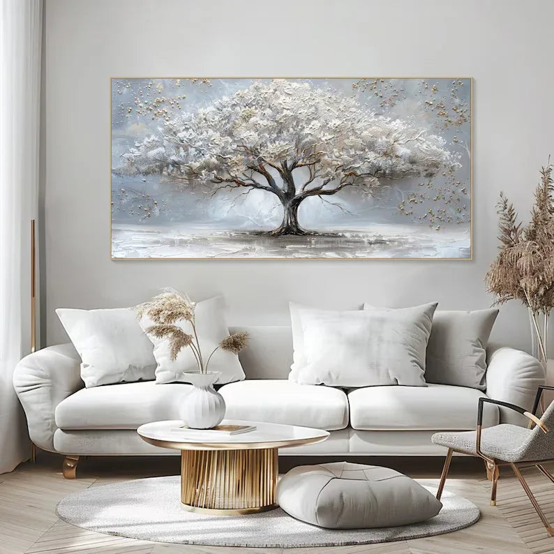 Ethereal Tree of Serenity-Abstract White Tree Texture Wall Art#FL10009