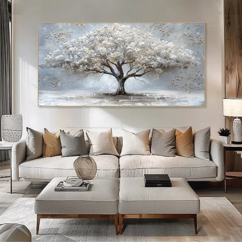 Ethereal Tree of Serenity-Abstract White Tree Texture Wall Art#FL10009