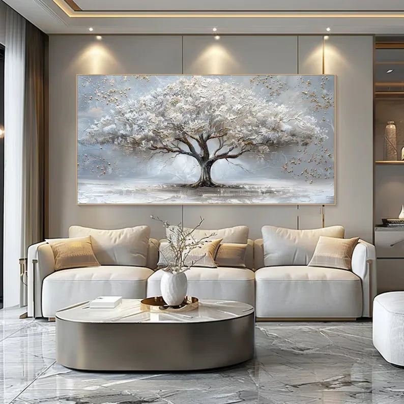 Ethereal Tree of Serenity-Abstract White Tree Texture Wall Art#FL10009