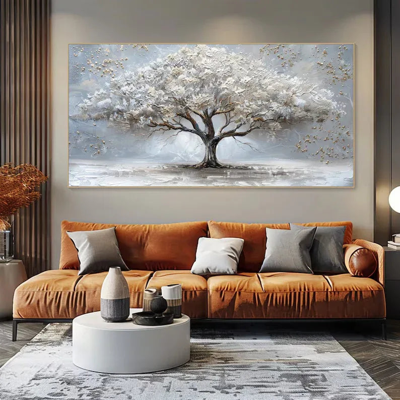 Ethereal Tree of Serenity-Abstract White Tree Texture Wall Art#FL10009
