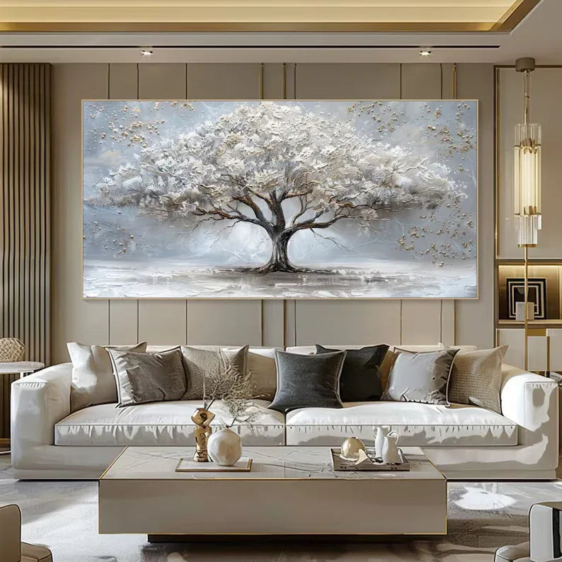 Ethereal Tree of Serenity-Abstract White Tree Texture Wall Art#FL10009
