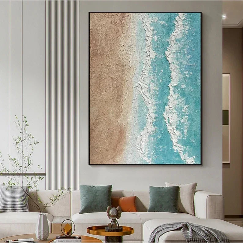 Light Tone Beach Art-Hand Drawn Natural Coastal Oil Wall Art in Modern Minimalist Homes