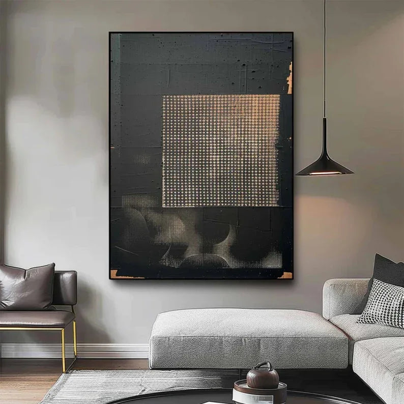 Abstract Black Gold Texture-Wabi Sabi Style Abstract Black Gold Grid Relief Wall Art