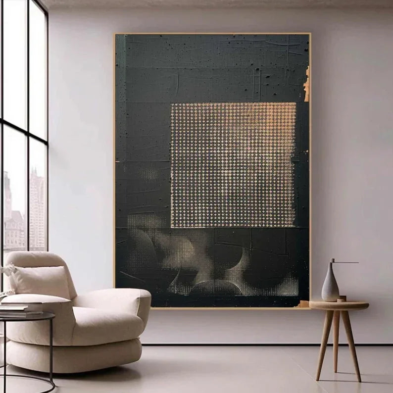 Abstract Black Gold Texture-Wabi Sabi Style Abstract Black Gold Grid Relief Wall Art