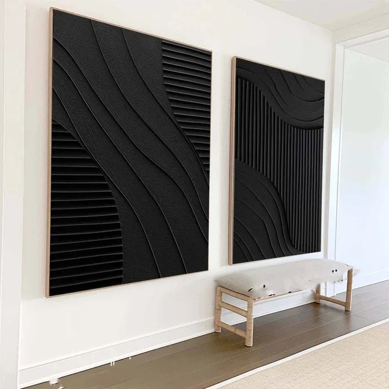 Black Minimalist Dual Harmony - Modern Textured Wall Art Set of 2
