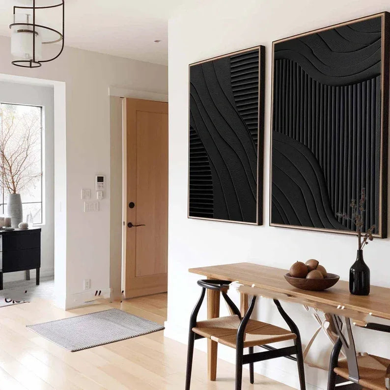 Black Minimalist Dual Harmony - Modern Textured Wall Art Set of 2