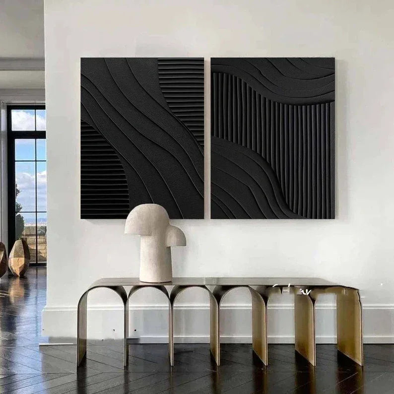 Black Minimalist Dual Harmony - Modern Textured Wall Art Set of 2