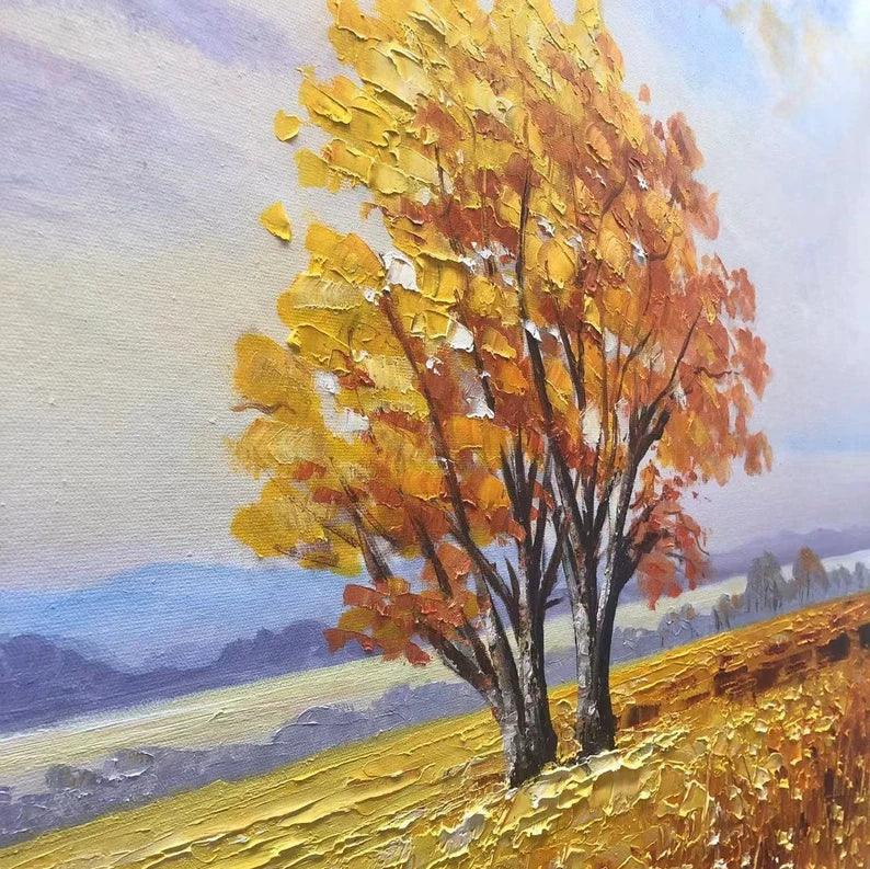 Golden Autumn Whisper-Hand-Painted Autumn Landscape Texture Oil Painting Wall Art