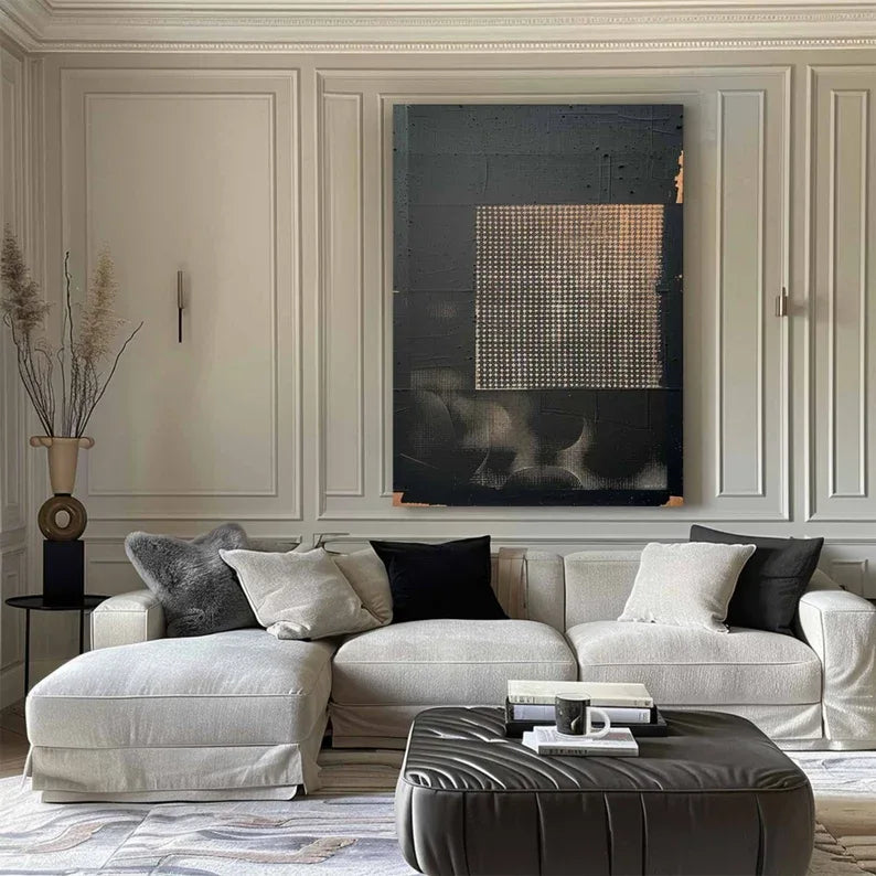 Abstract Black Gold Texture-Wabi Sabi Style Abstract Black Gold Grid Relief Wall Art