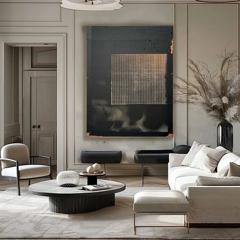 Abstract Black Gold Texture-Wabi Sabi Style Abstract Black Gold Grid Relief Wall Art