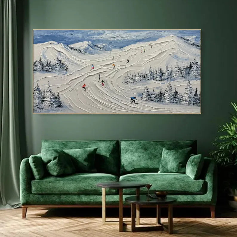 Skiing Through Winter - Abstract Oil Painting Wall Art Themed Around Skiing in the Snow Mountains