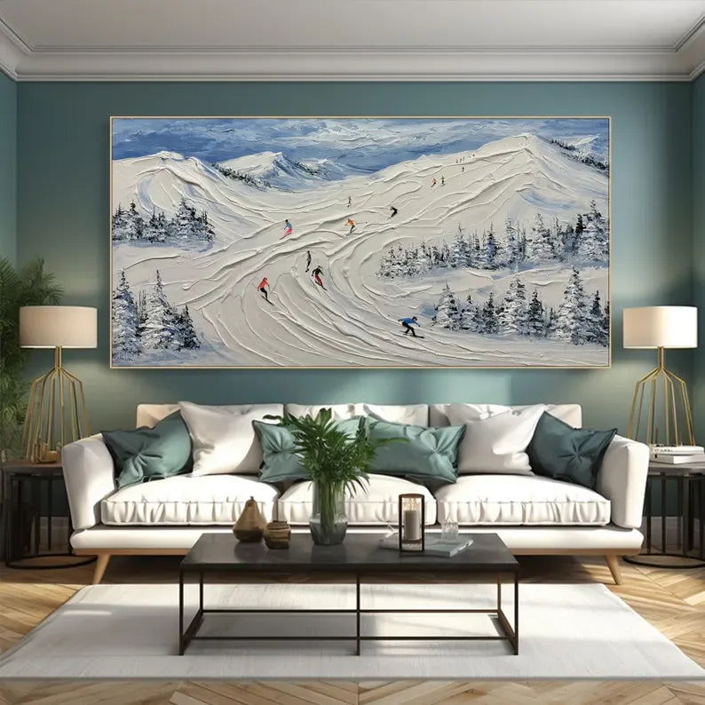 Skiing Through Winter - Abstract Oil Painting Wall Art Themed Around Skiing in the Snow Mountains