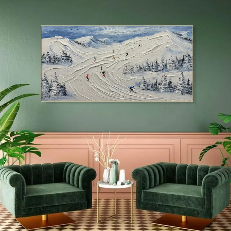 Skiing Through Winter - Abstract Oil Painting Wall Art Themed Around Skiing in the Snow Mountains