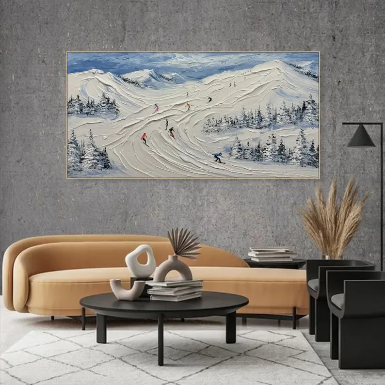 Skiing Through Winter - Abstract Oil Painting Wall Art Themed Around Skiing in the Snow Mountains