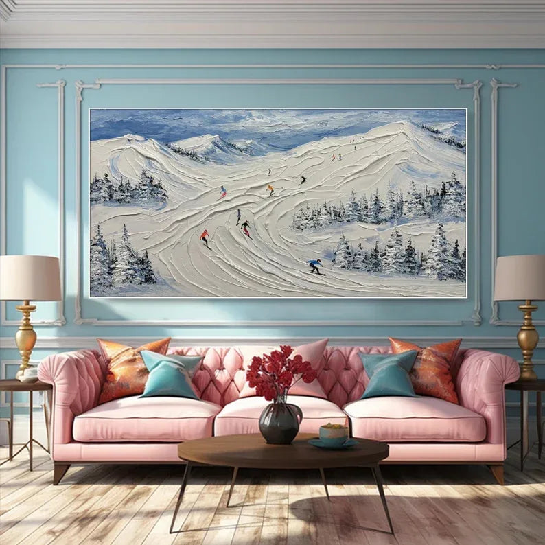 Skiing Through Winter - Abstract Oil Painting Wall Art Themed Around Skiing in the Snow Mountains