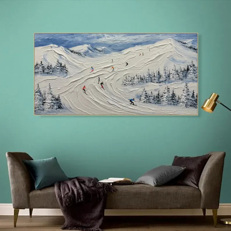 Skiing Through Winter - Abstract Oil Painting Wall Art Themed Around Skiing in the Snow Mountains