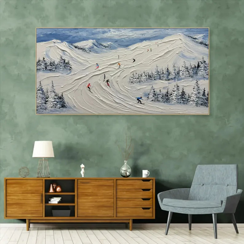 Skiing Through Winter - Abstract Oil Painting Wall Art Themed Around Skiing in the Snow Mountains