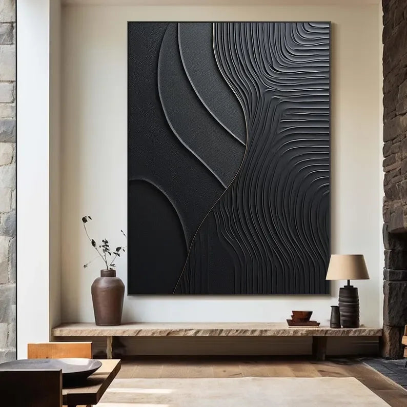 Black Serene Leaves - Handmade Three-Dimensional Black Textured Wall Art